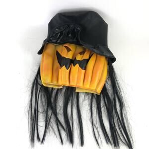 Paper Magic Group Halloween Mask VTG 1996 Pumpkin Horror Jack O Lantern Hat Hair